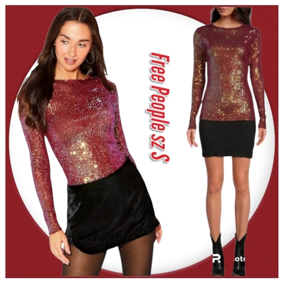 Free People Blouse Wine Combo Gold Rush Long Sleeve Sequin Embellished Top - Picture 1 of 8